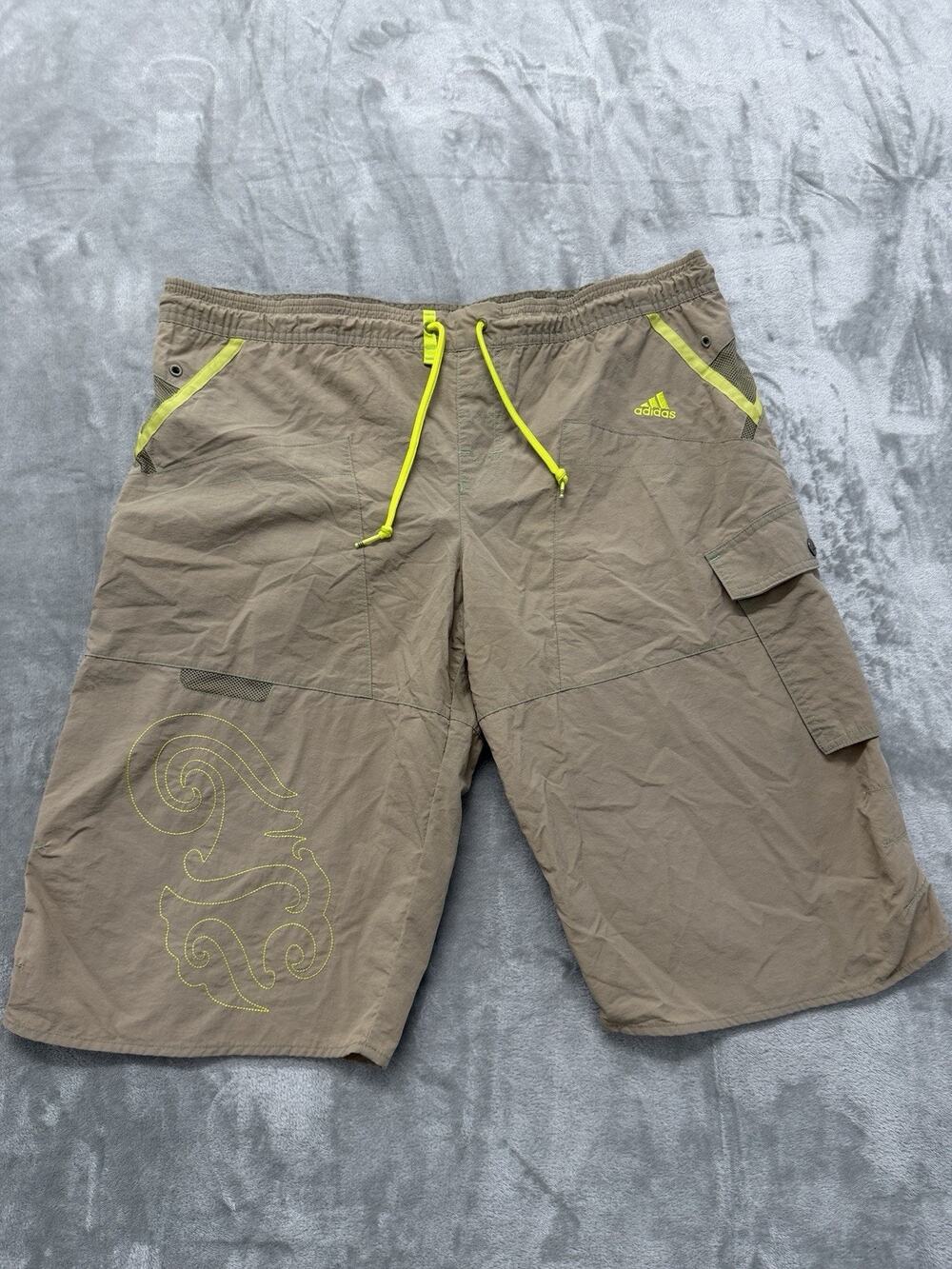 Vintage Y2K Adidas Swim Trunks Board Shorts Khaki Neon Men’s Medium 2007